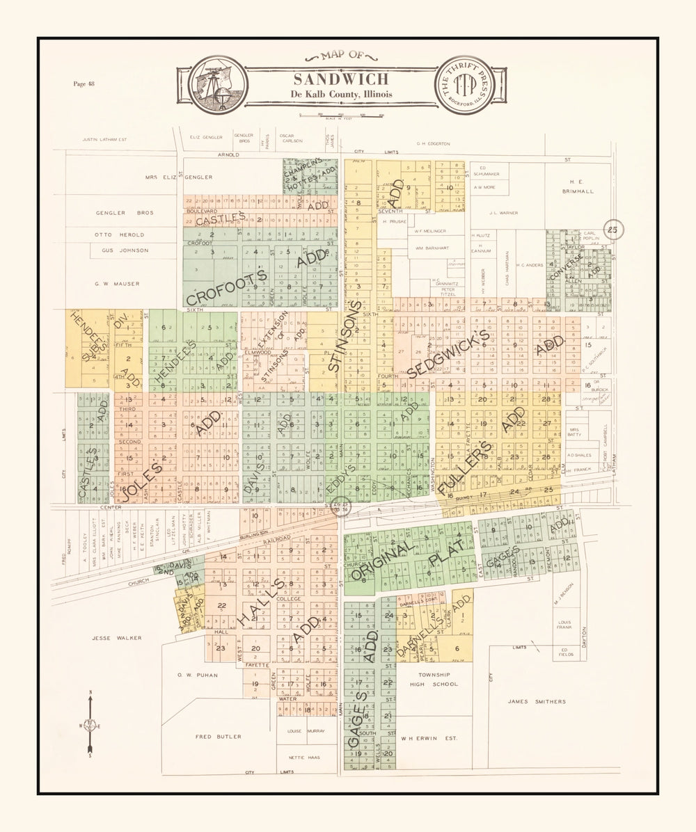 Vintage Map of Sandwich, Illinois 1929 print style example