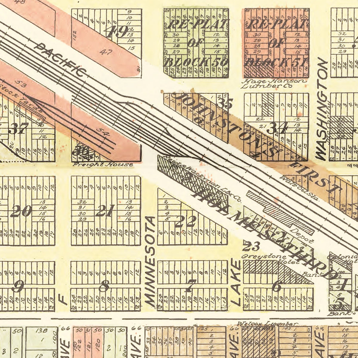 Restored historic details from the 1929 city map of Detroit Lakes, Minnesota