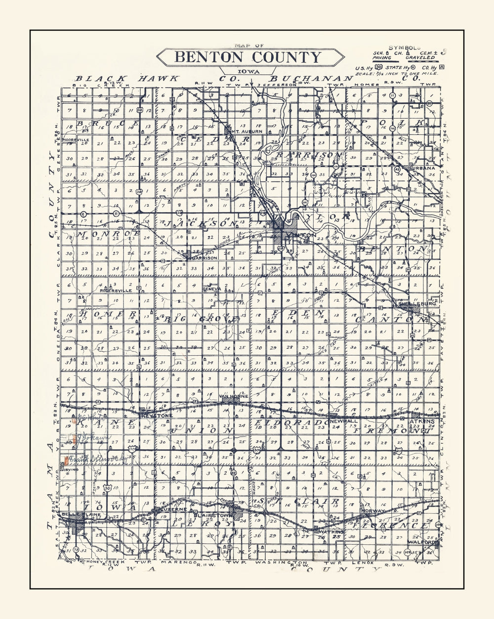 Vintage Map of Benton County, Iowa 1930 print style example
