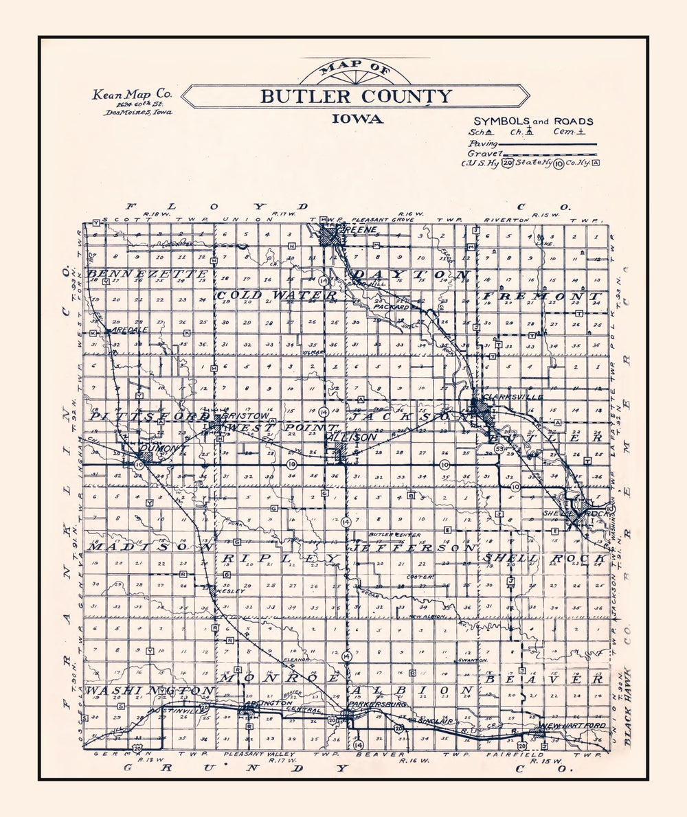 Vintage Map of Butler County, Iowa 1930 print style example