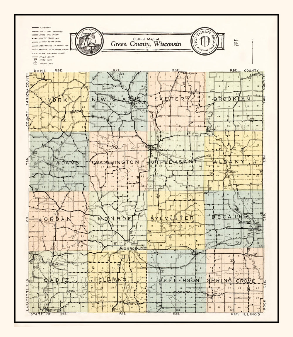Vintage Map of Green County, Wisconsin 1931 print style example