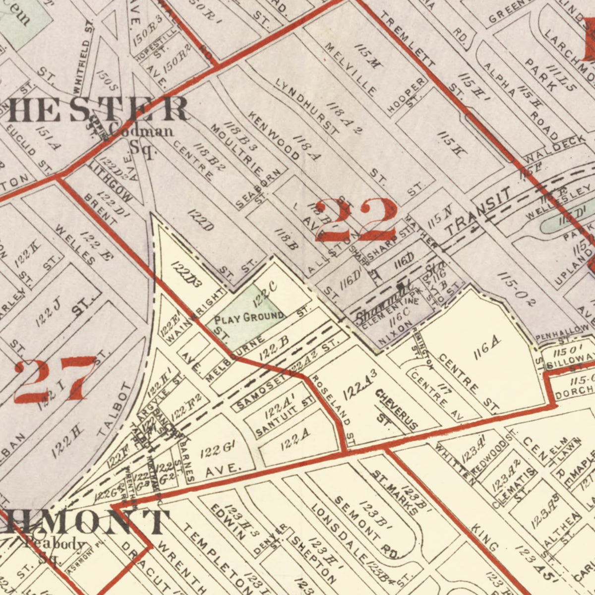 Restored historic details from the 1933 neighborhood map of Dorchester, Massachusetts