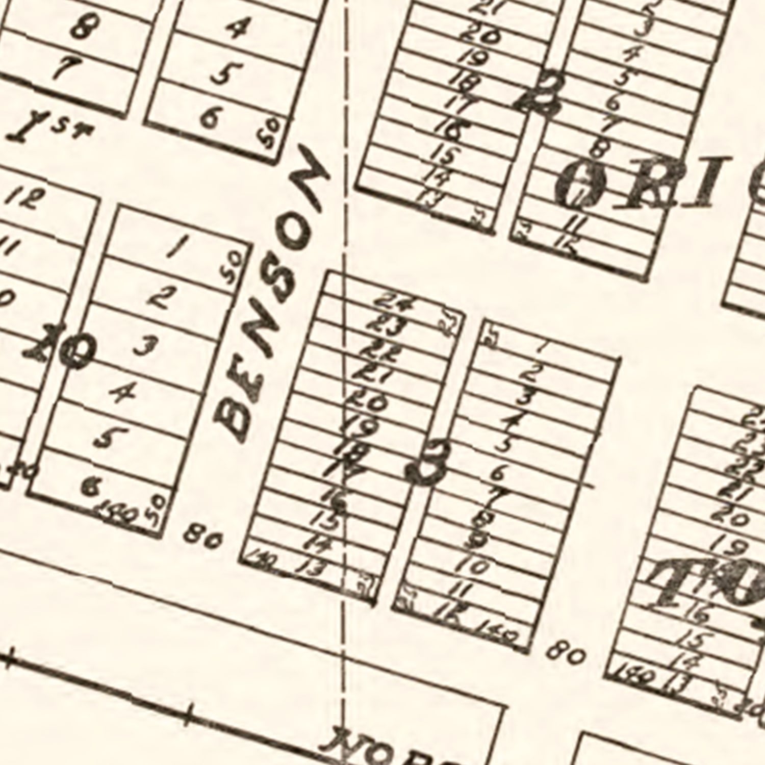 Restored historic details from the 1937 city map of Tioga, North Dakota