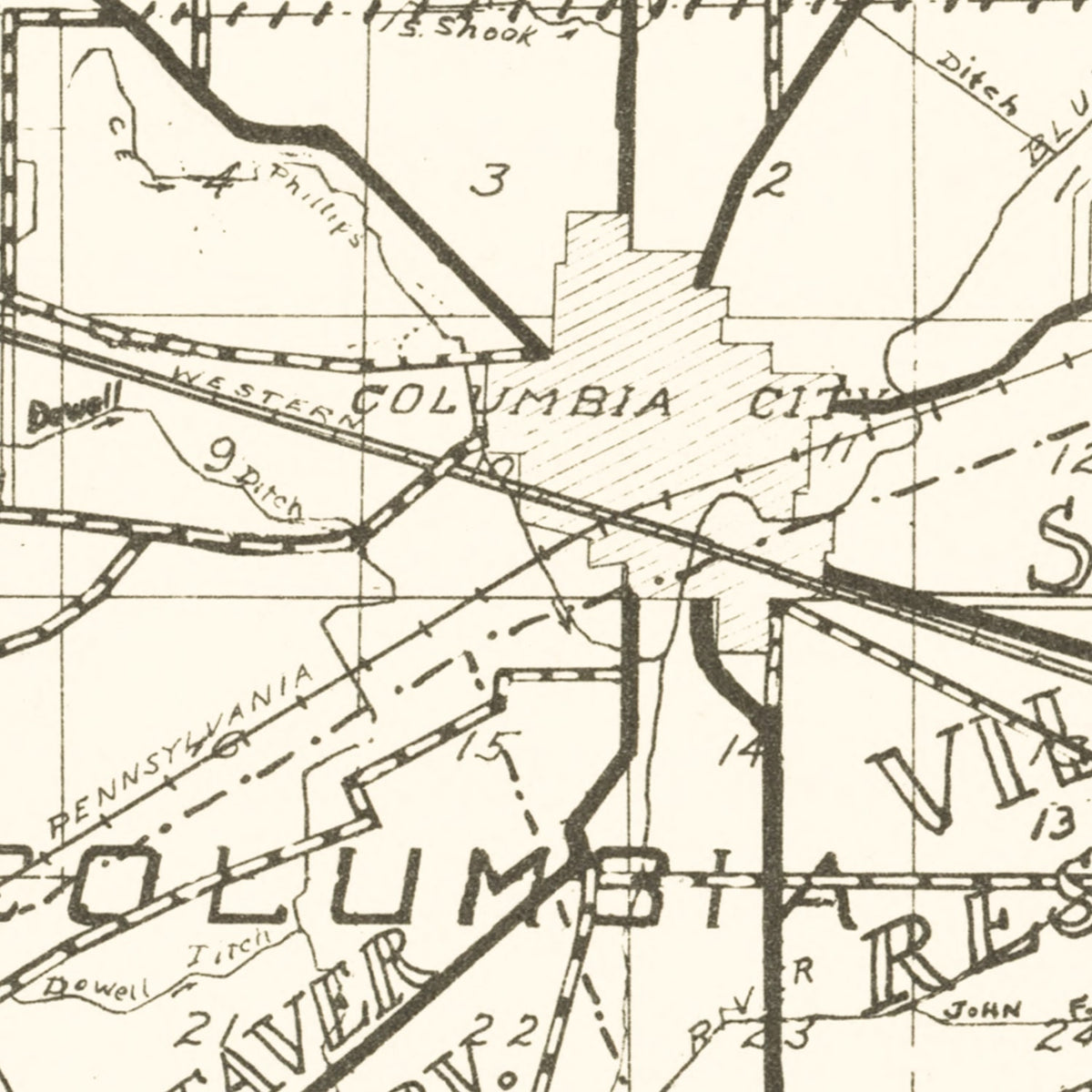 Restored historic details from the 1939 county map of Whitley County, Indiana