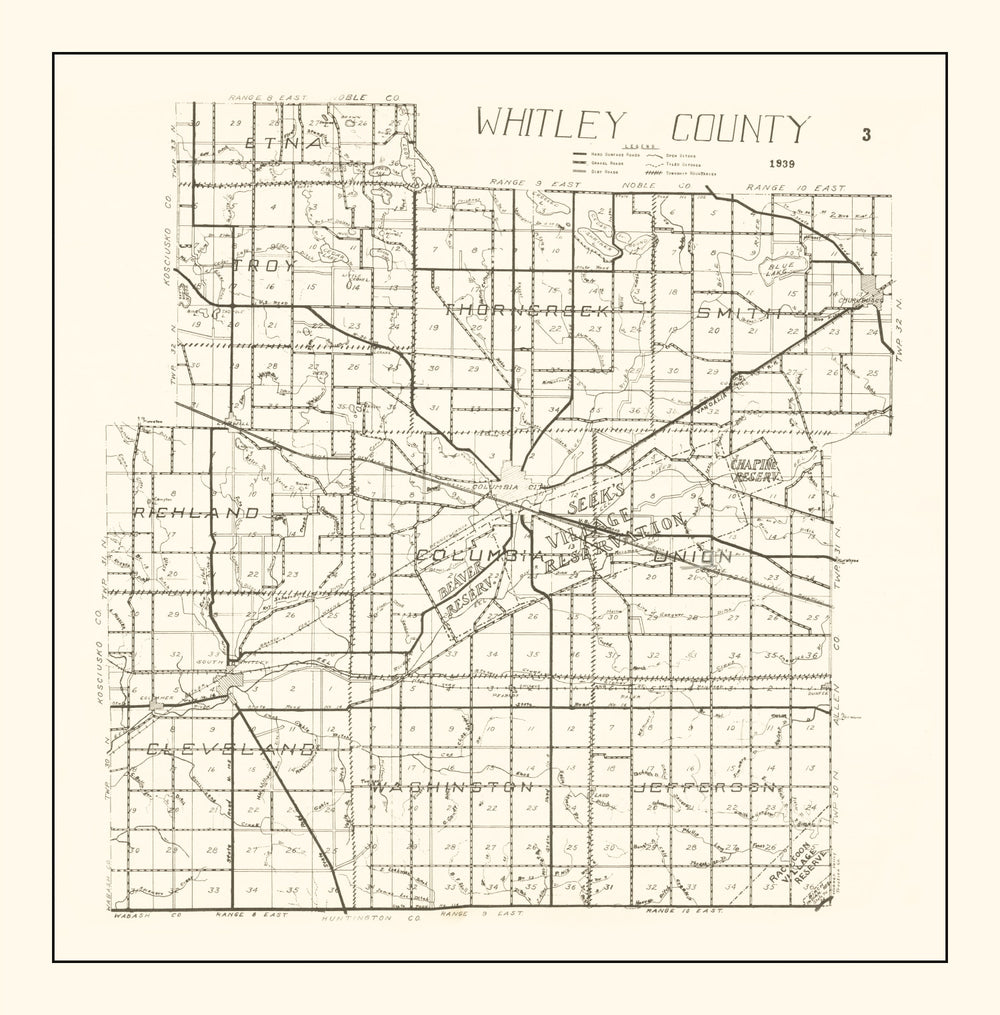 Vintage Map of Whitley County, Indiana 1939 print style example