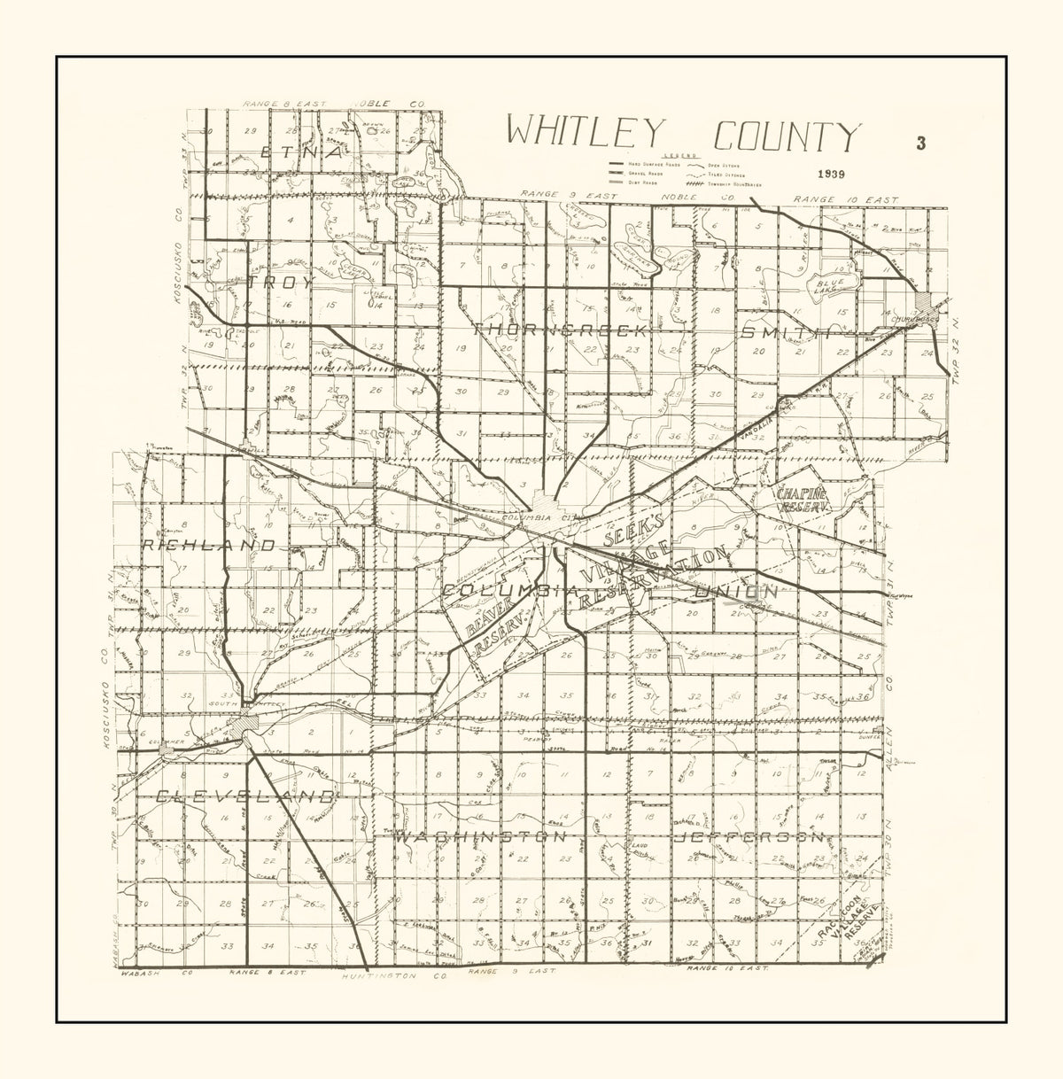 Preview of Vintage Map of Whitley County, Indiana 1939