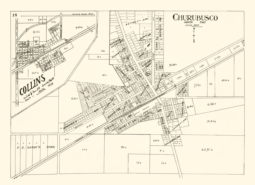 Vintage Map of Churubusco, Indiana 1939 print style example