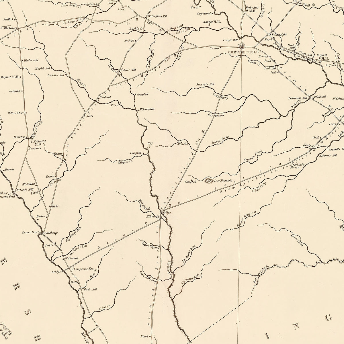Restored historic details from the 1825 county map of Chesterfield County, South Carolina