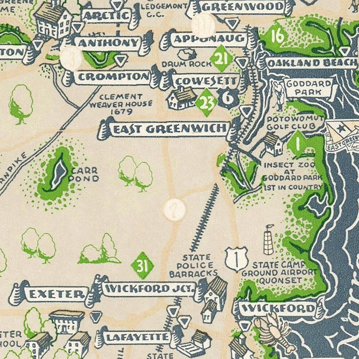 Restored historic details from the 1936 misc. attraction map of County, Rhode Island