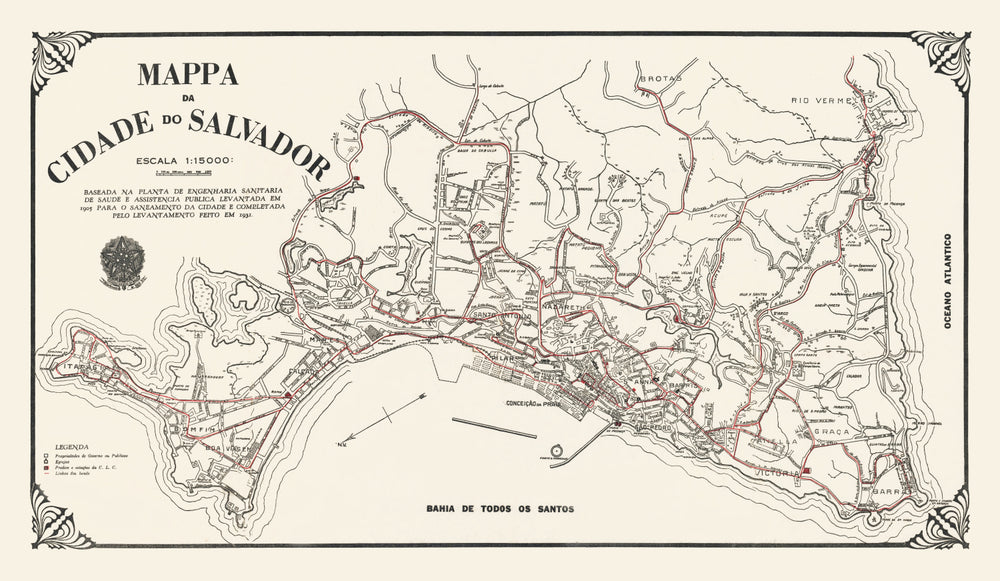 Vintage Map of Salvador, Brazil 1931 print style example