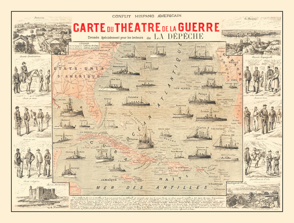 Vintage Spanish American War Map of the Atlantic 1898 print style example