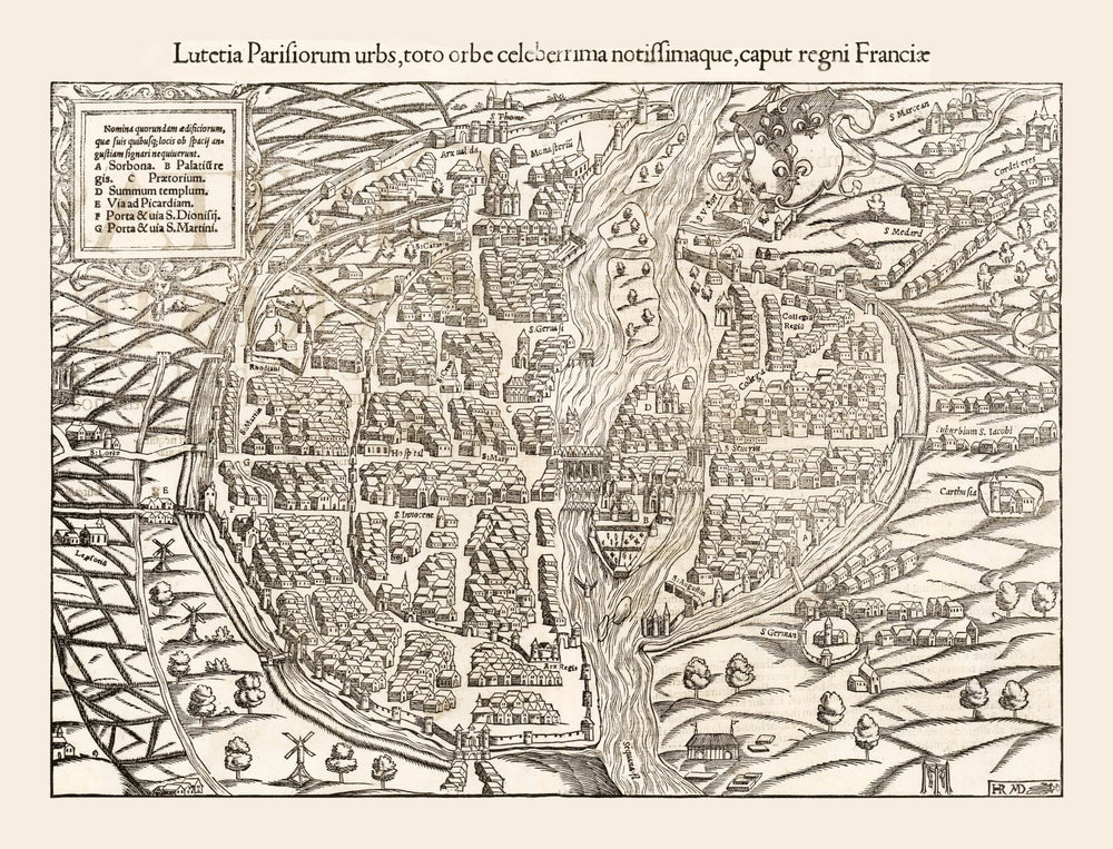 Vintage Map of Paris, France 1550 print style example