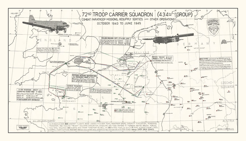 Vintage Map of the 72nd Troop Carrier Squadron Over Europe During WWII Map 1972 print style example