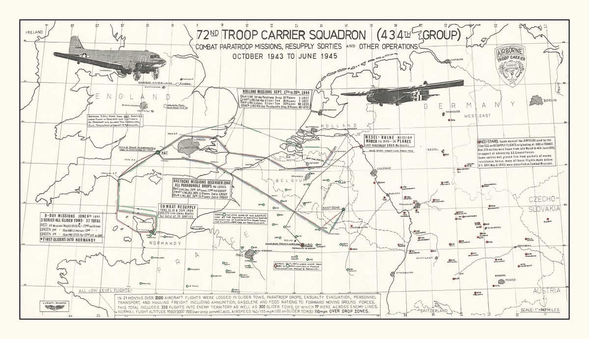 Preview of Vintage Map of the 72nd Troop Carrier Squadron Over Europe During WWII Map 1972