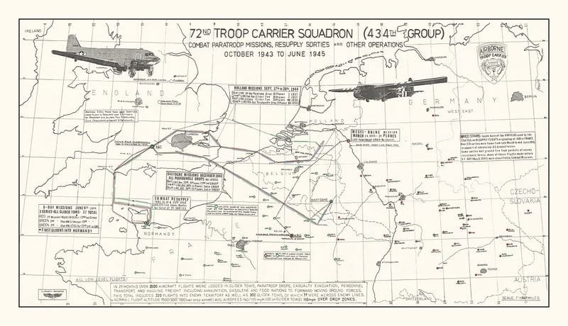 Size comparison using Vintage Map of the 72nd Troop Carrier Squadron Over Europe During WWII Map 1972