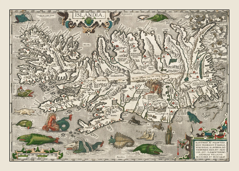 Size comparison using Vintage Iceland Map with Sea Monsters 1587