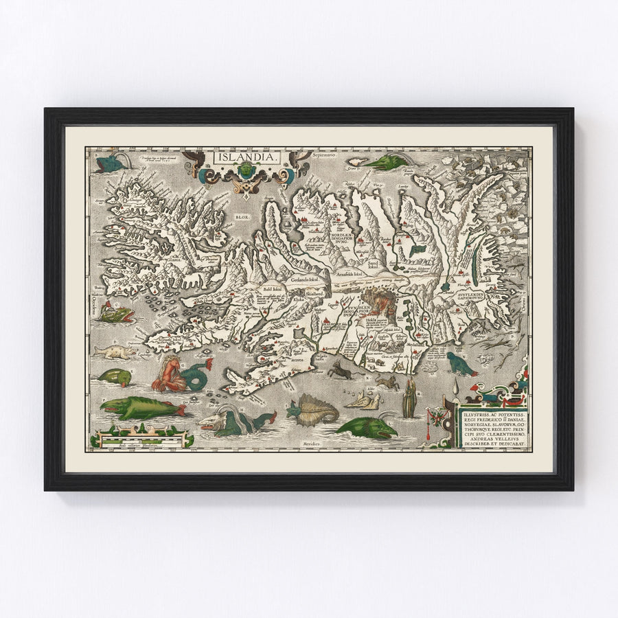 Vintage Iceland Map with Sea Monsters 1587