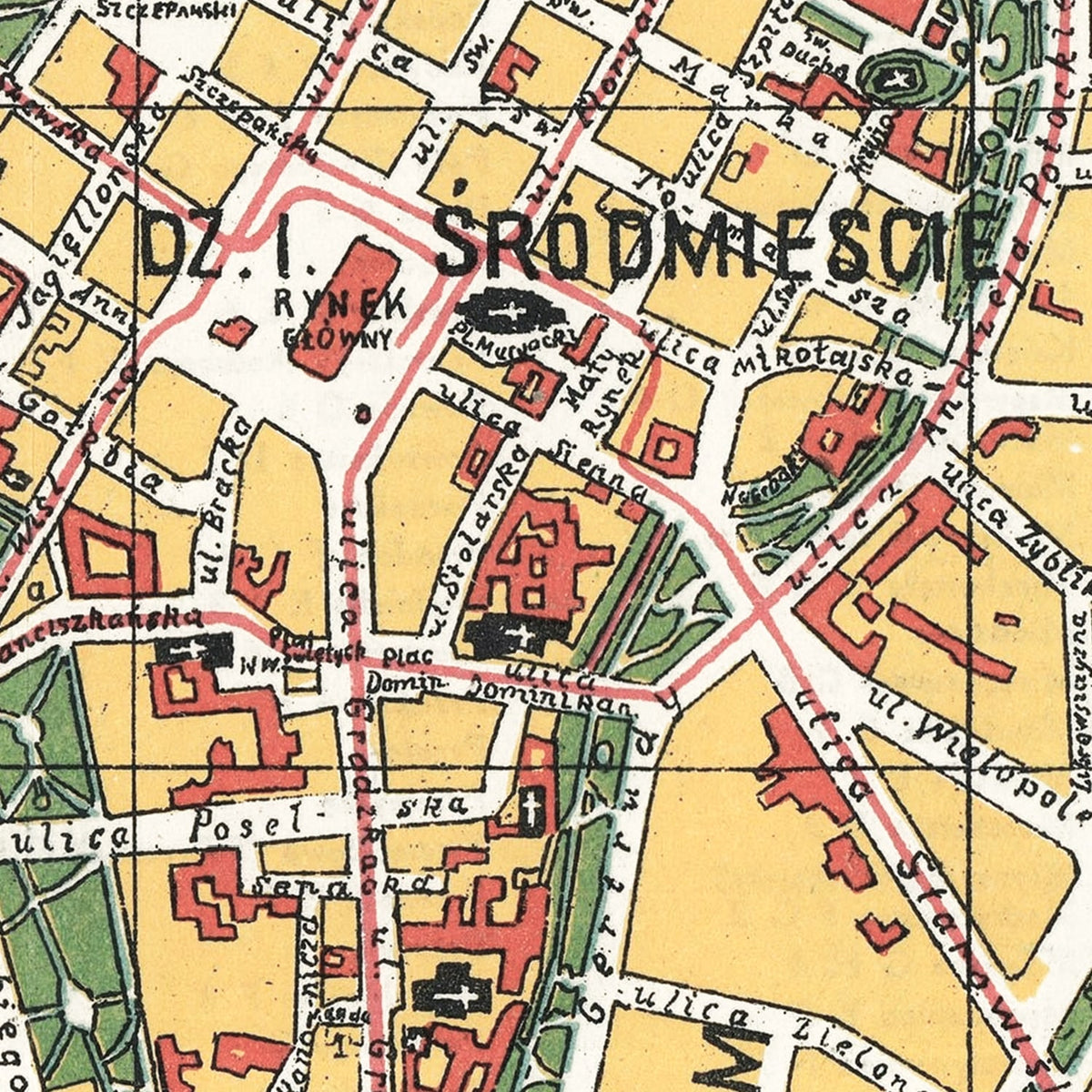 Restored historic details from the 1928 city map of Krakow