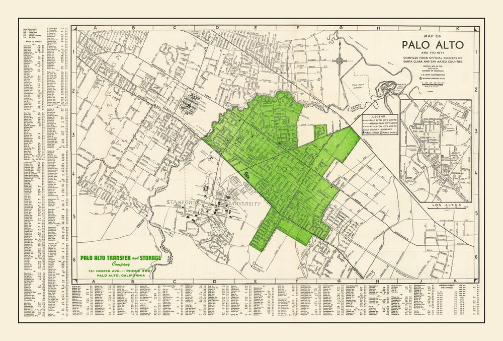 Vintage Map of Palo Alto, California 1953 print style example