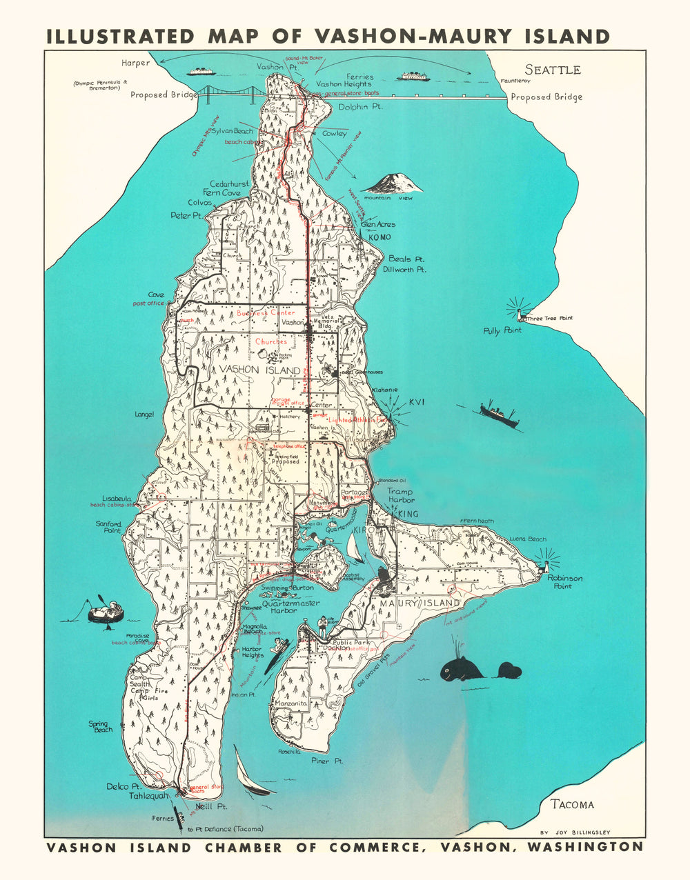 Vintage Vashon-Maury Island Map 1955 print style example