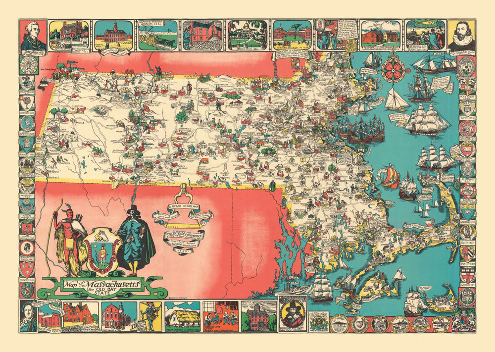 Vintage Map of Massachusetts 1930 print style example
