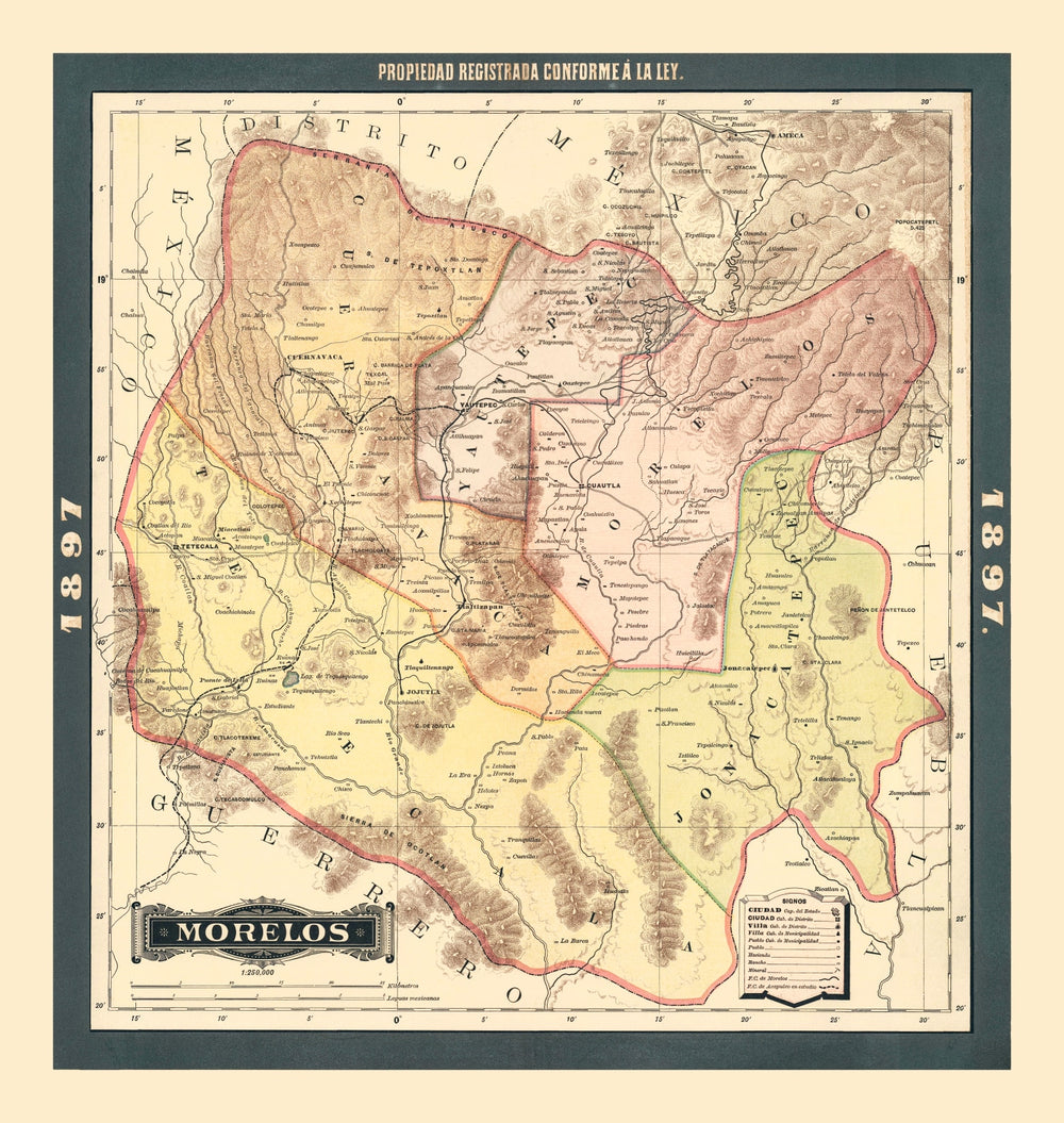 Vintage Morelos, Mexico Map 1897 print style example