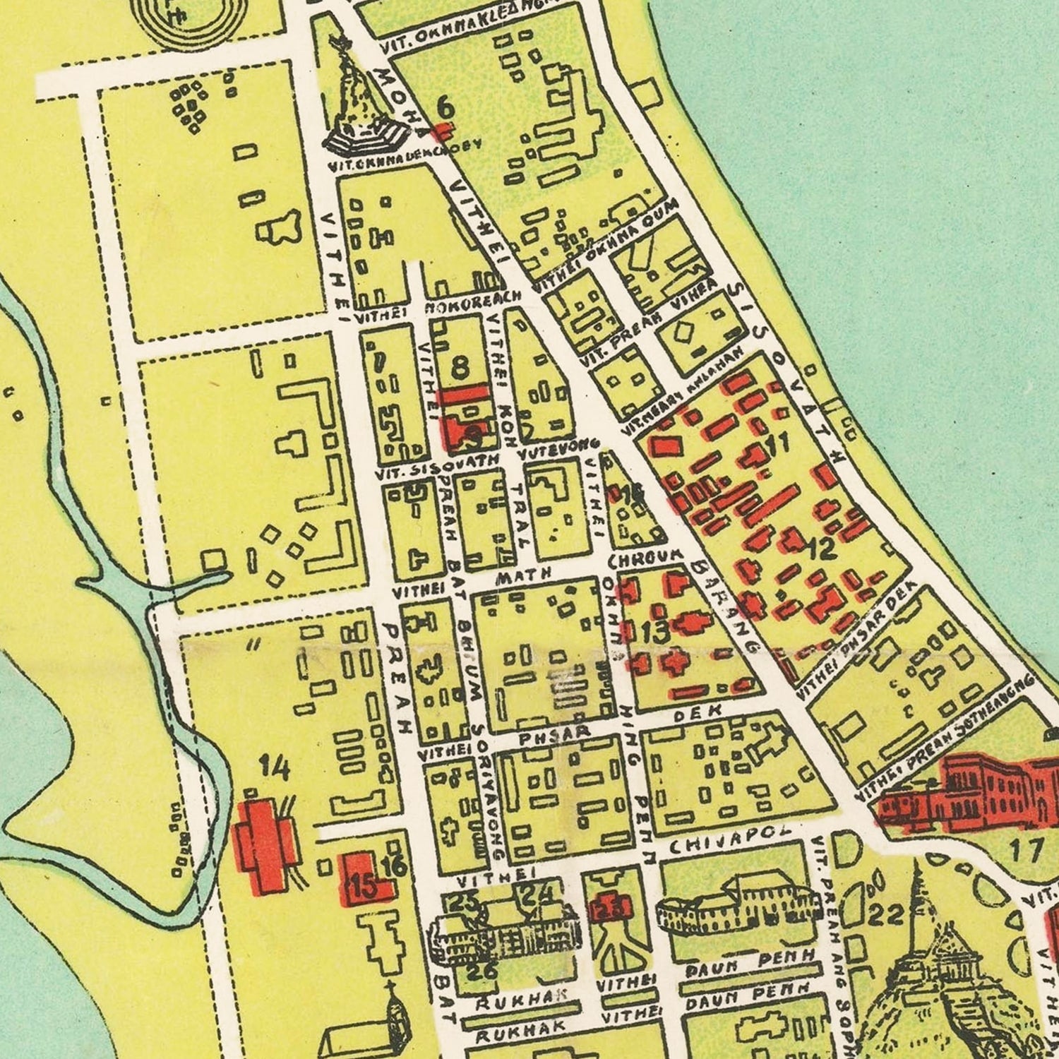 Restored historic details from the 1960 city map of Phnom Penh