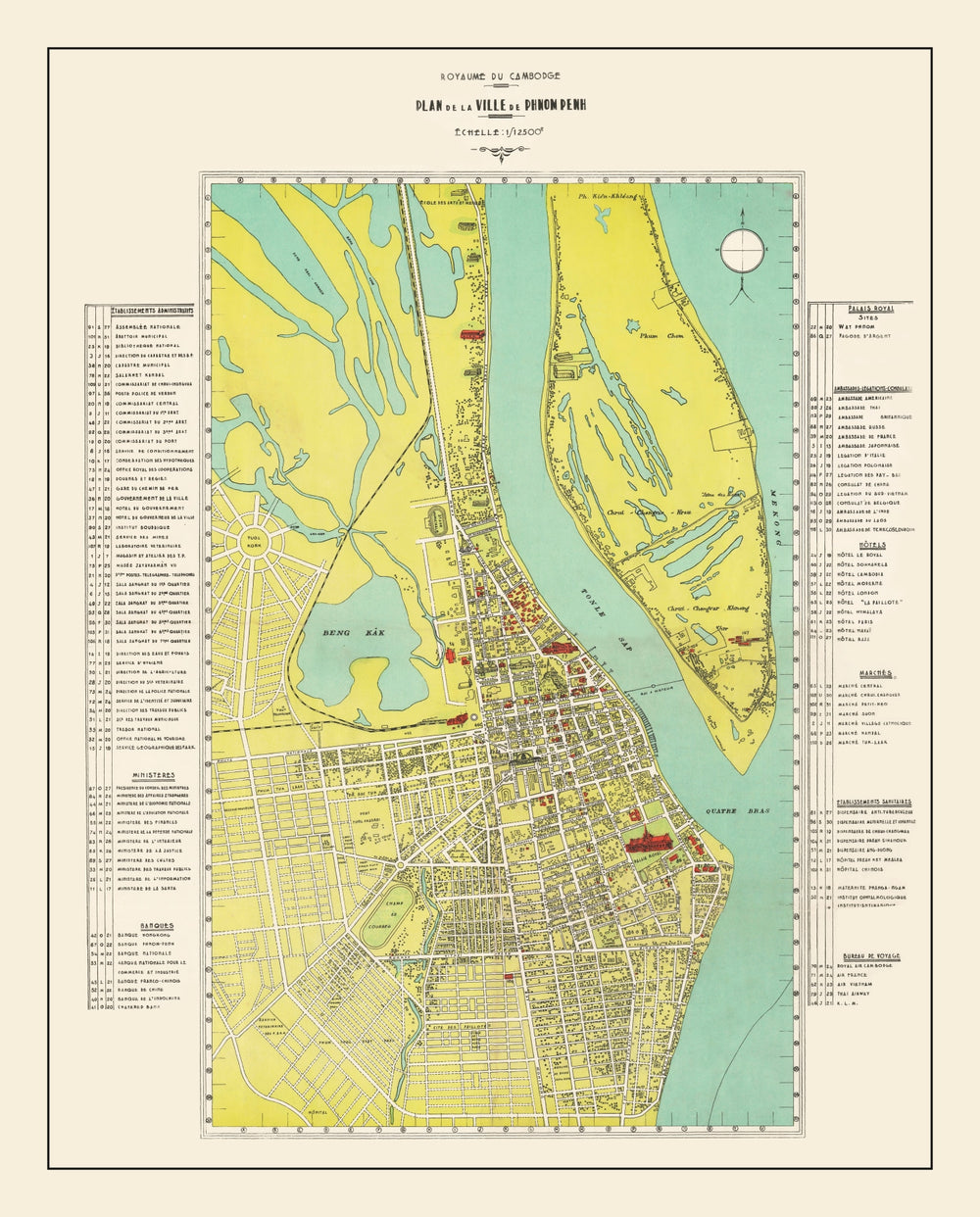 Vintage Map of Phnom Penh, Cambodia 1960 print style example