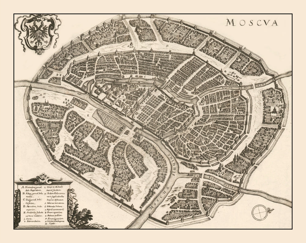Vintage Map of Moscow, Russia 1646 print style example