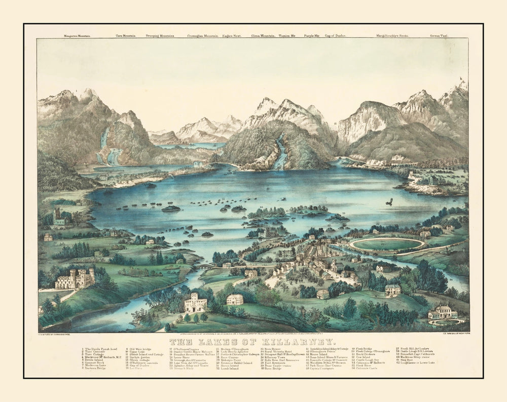 Vintage Lakes of Killarney Ireland Map 1867 print style example