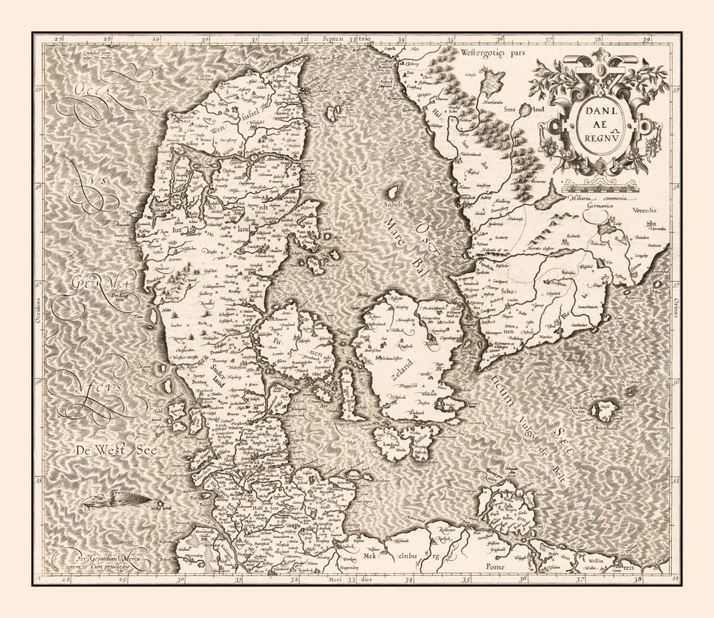 Vintage Map of Denmark 1595 print style example