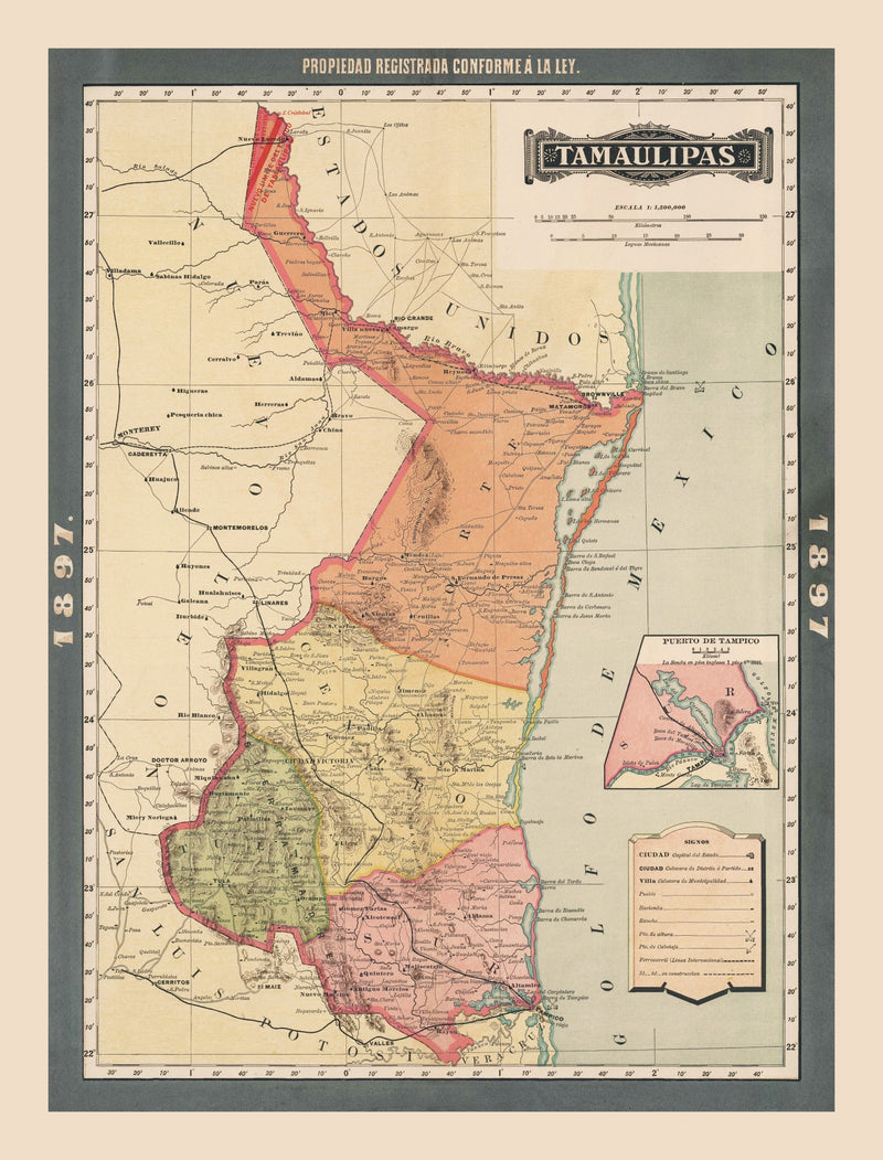 Size comparison using Vintage Tamaulipas, Mexico Map 1897