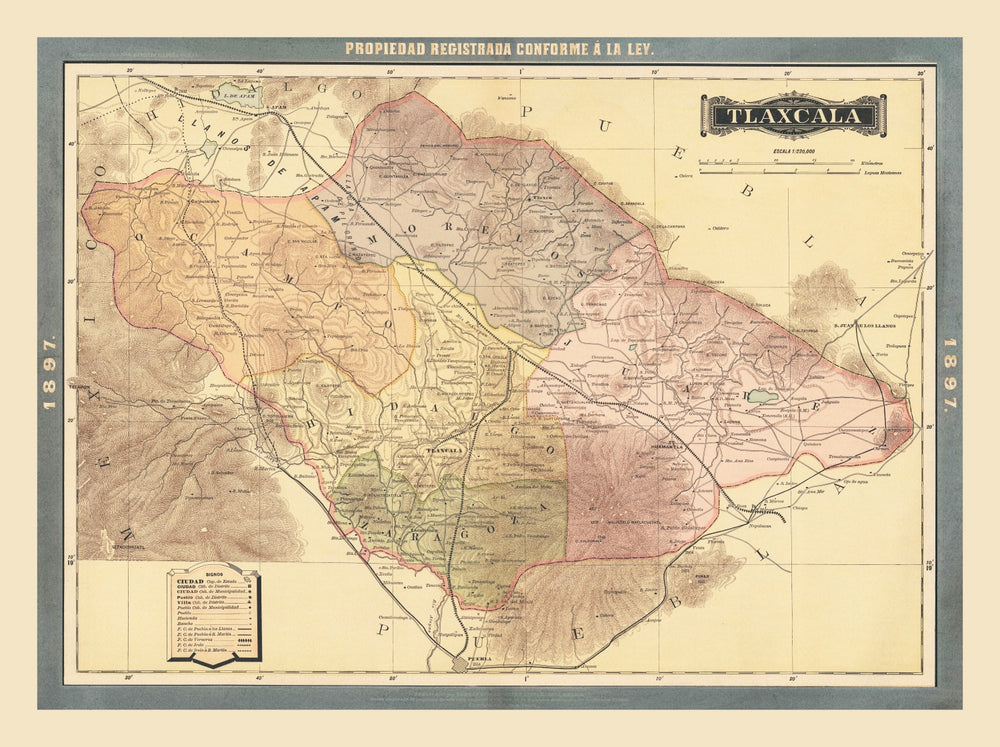 Vintage Tiaxcala, Mexico Map 1897 print style example