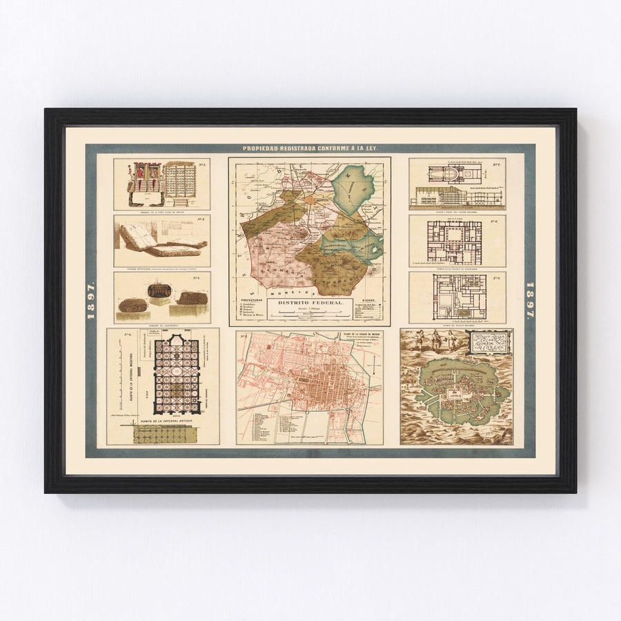 Vintage Map of Mexico City, Mexico 1897