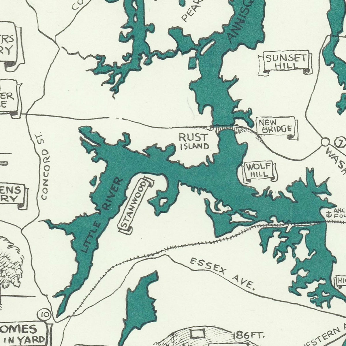 Restored historic details from the 1947 misc. attraction map of County, Massachusetts
