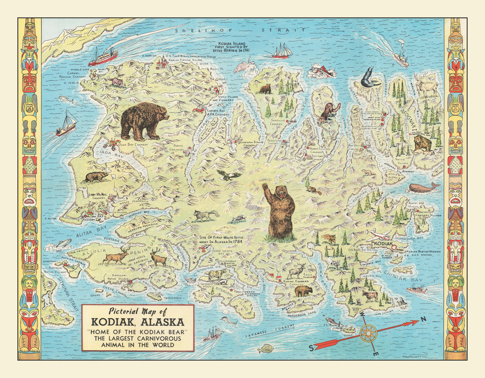 Vintage Kodiak Island Map 1948 print style example