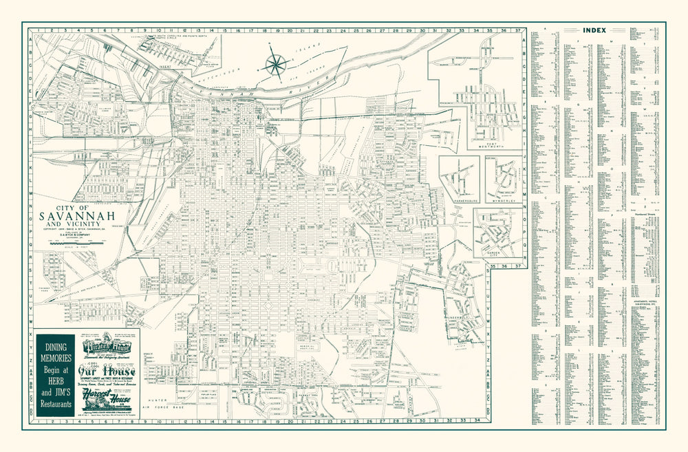 Vintage Map of Savannah, Georgia 1956 print style example