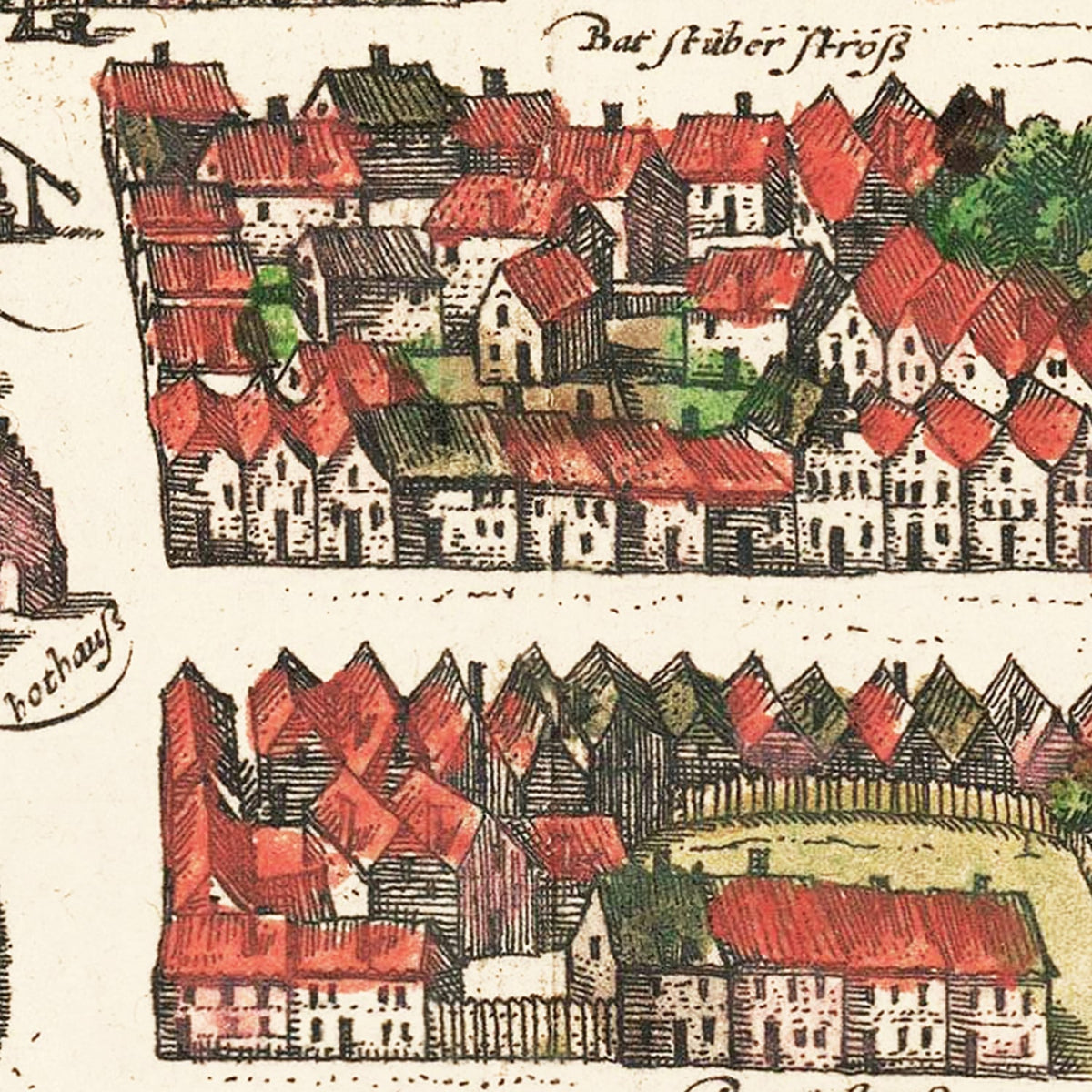 Restored historic details from the 1593 city map of Barth
