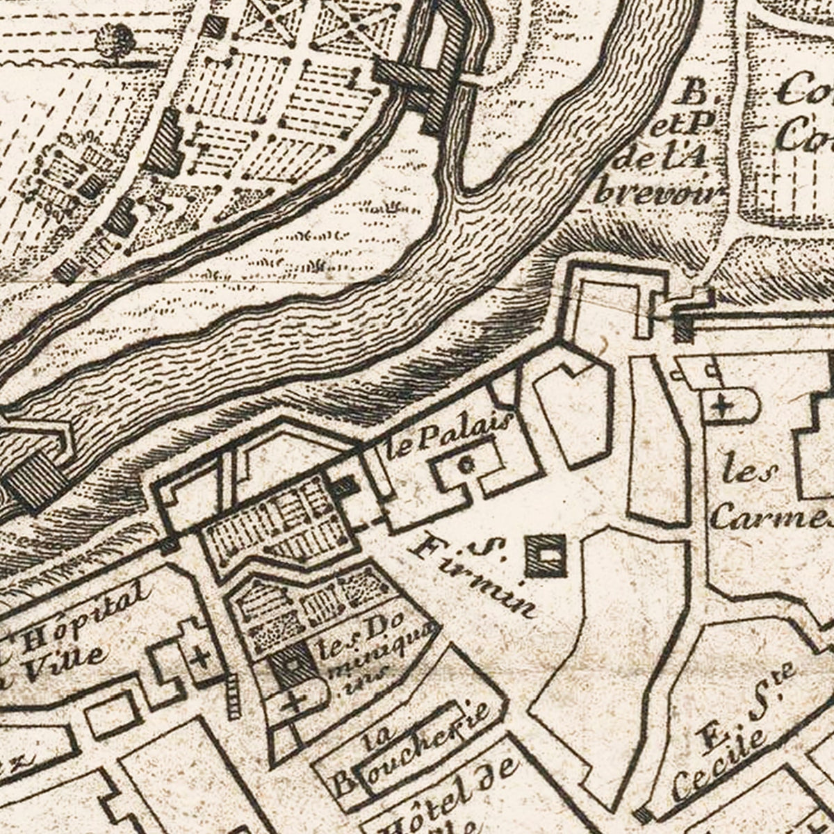 Restored historic details from the 1719 city map of Pamplona