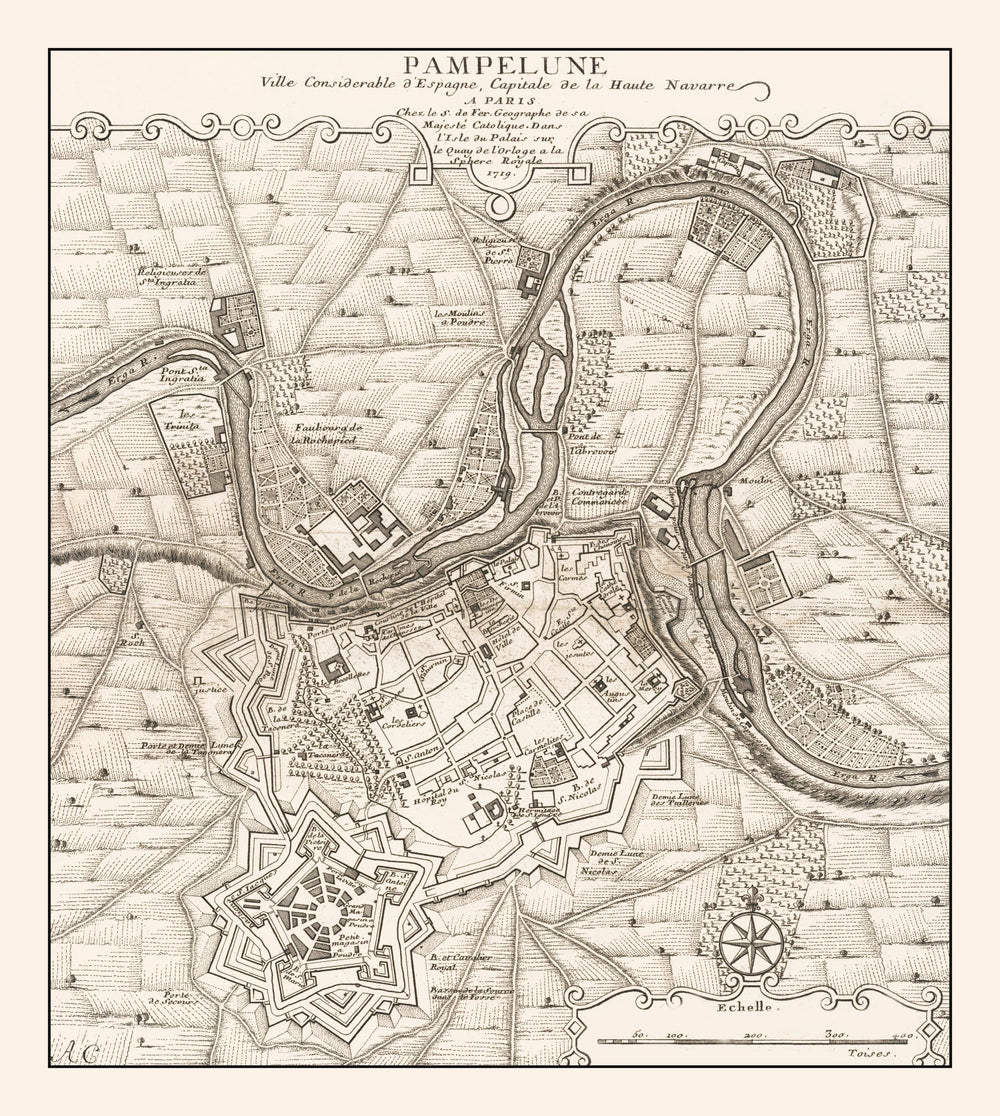 Vintage Map of Pamplona, Spain 1719 print style example