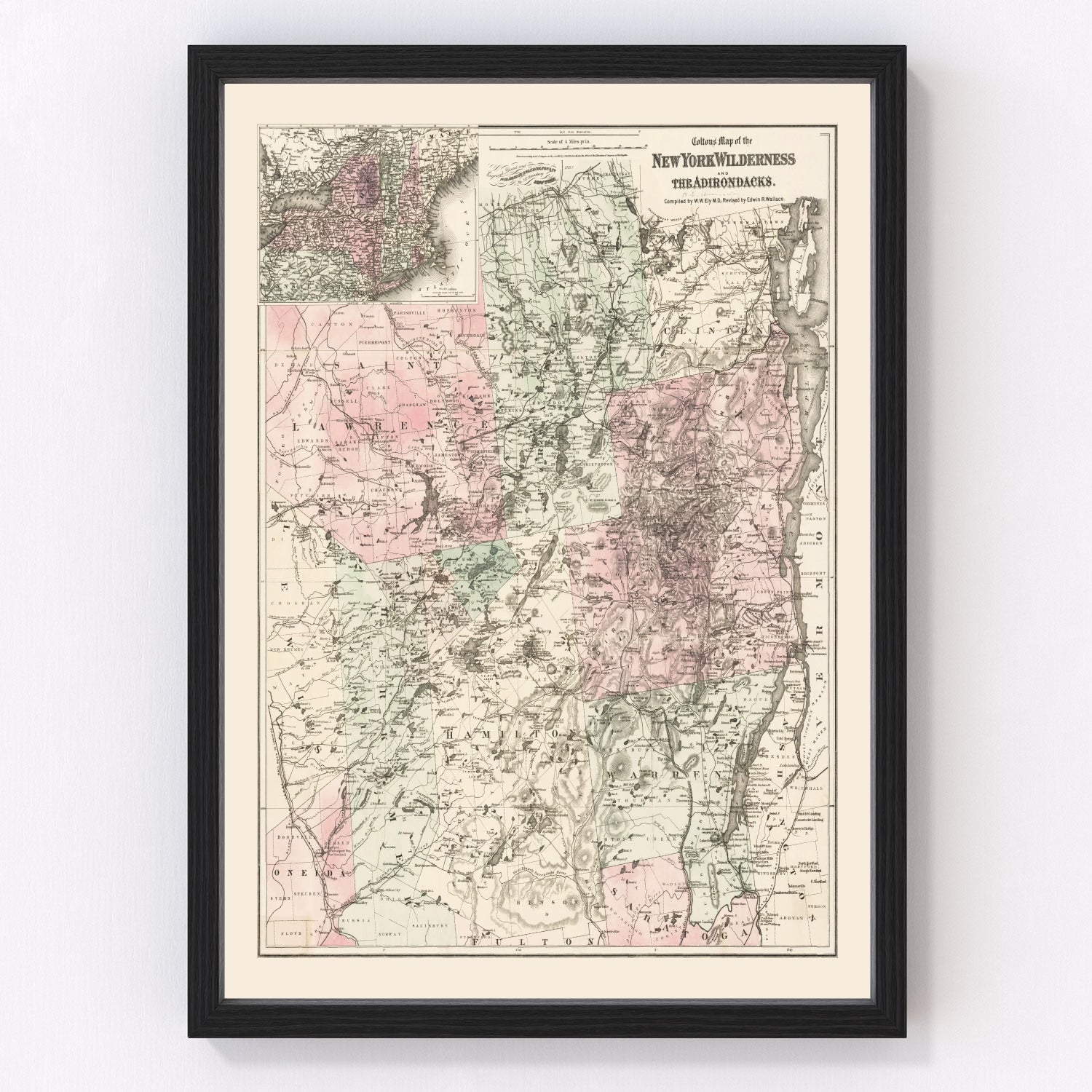 A framed vintage map displayed in a warm and thoughtfully designed interior