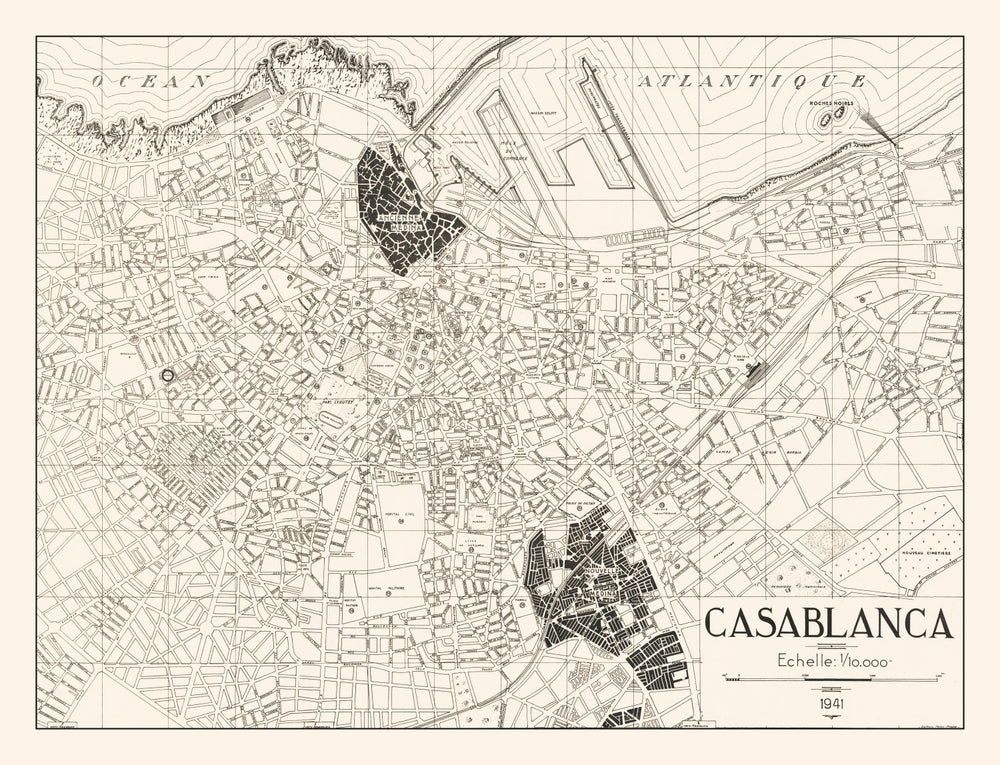 Vintage Map of Casablanca, Morocco 1941 print style example