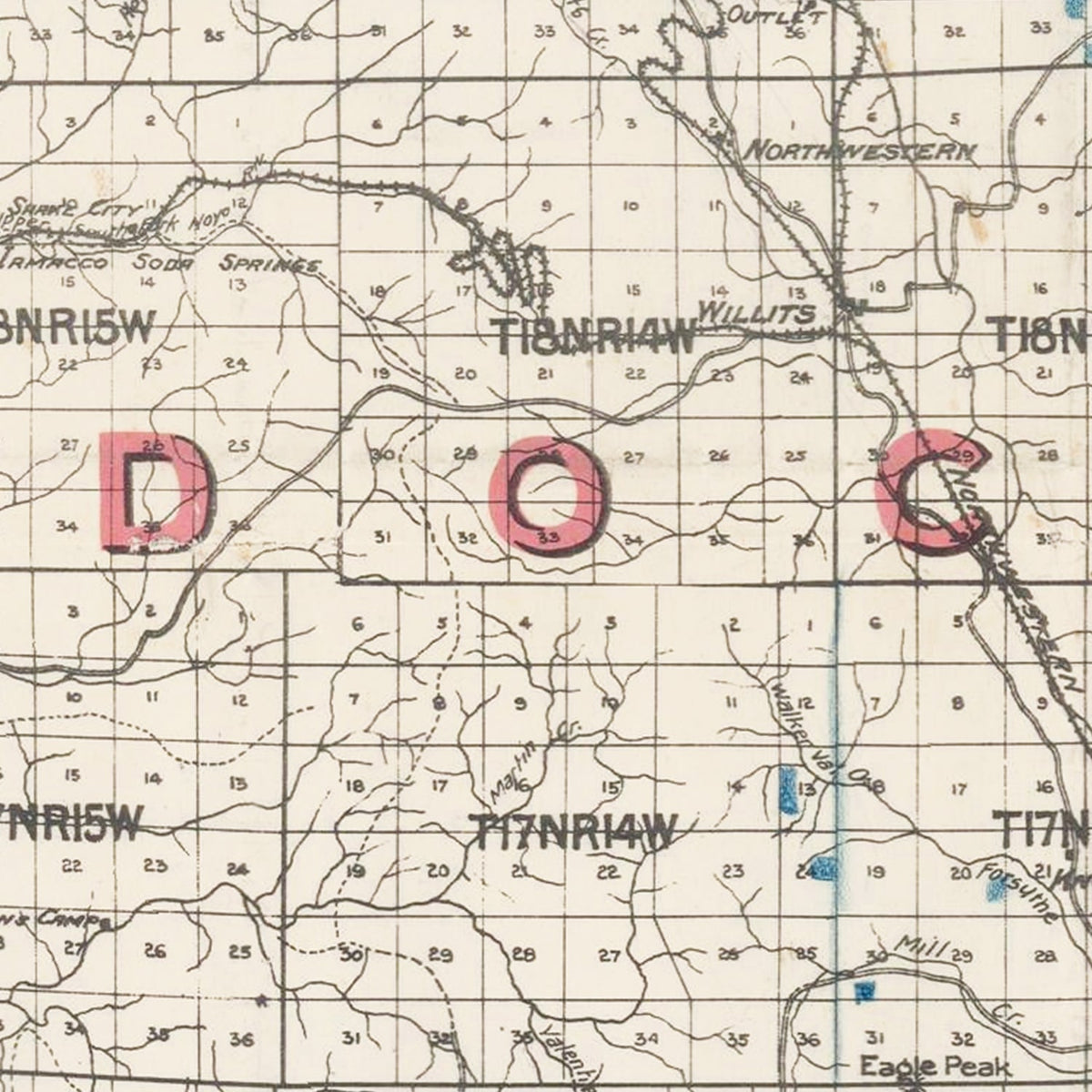 Restored historic details from the 1914 county map of Mendocino County, California