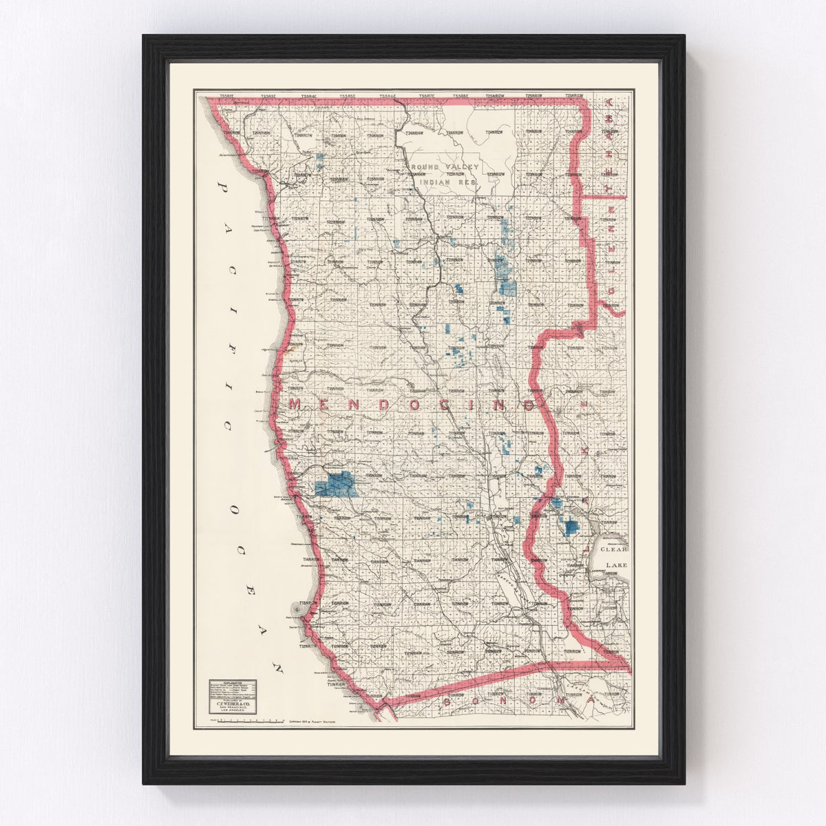 Mendocino County Vintage Map 1914