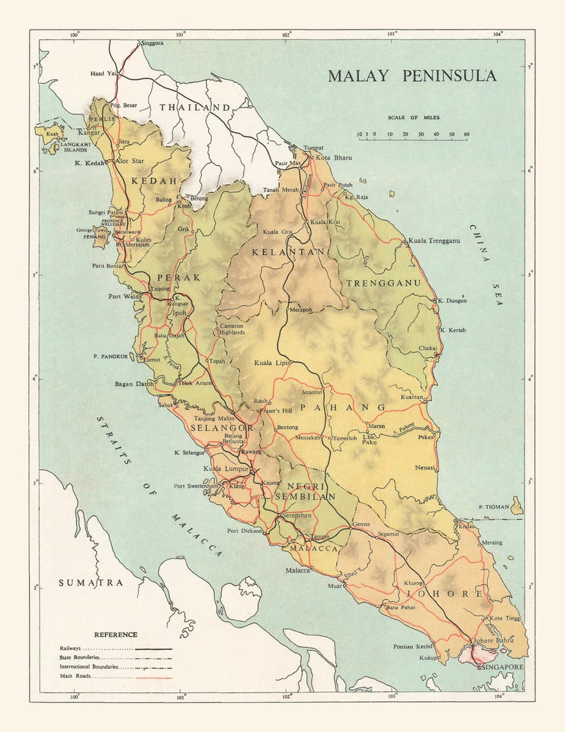 Size comparison using Vintage Malay Peninsula Map 1955