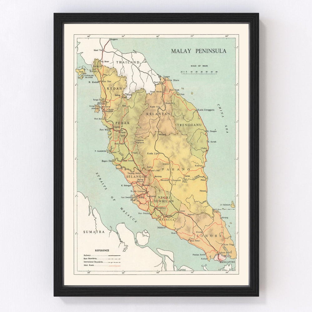 Malay Peninsula Vintage Map 1955