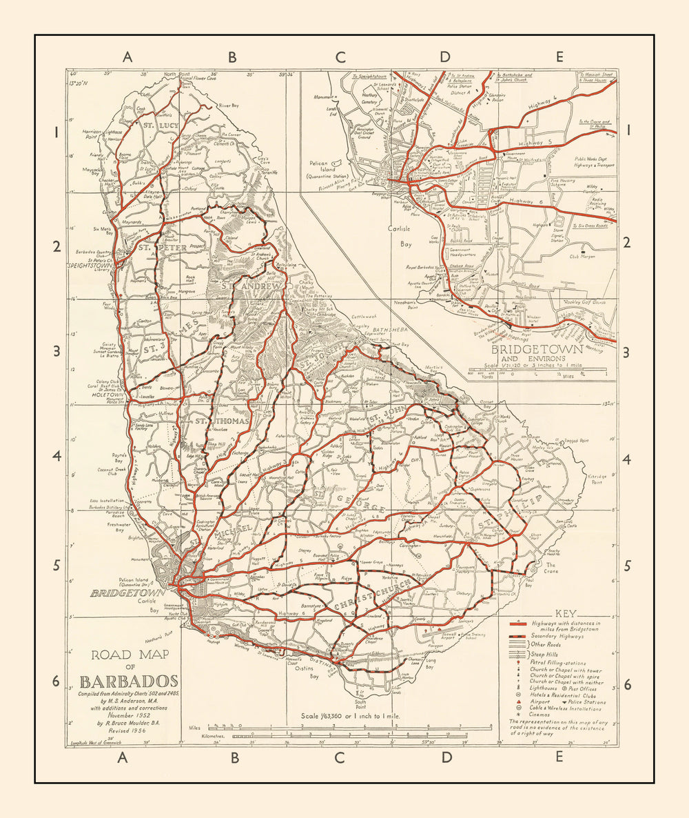 Vintage Map of Barbados 1956 print style example