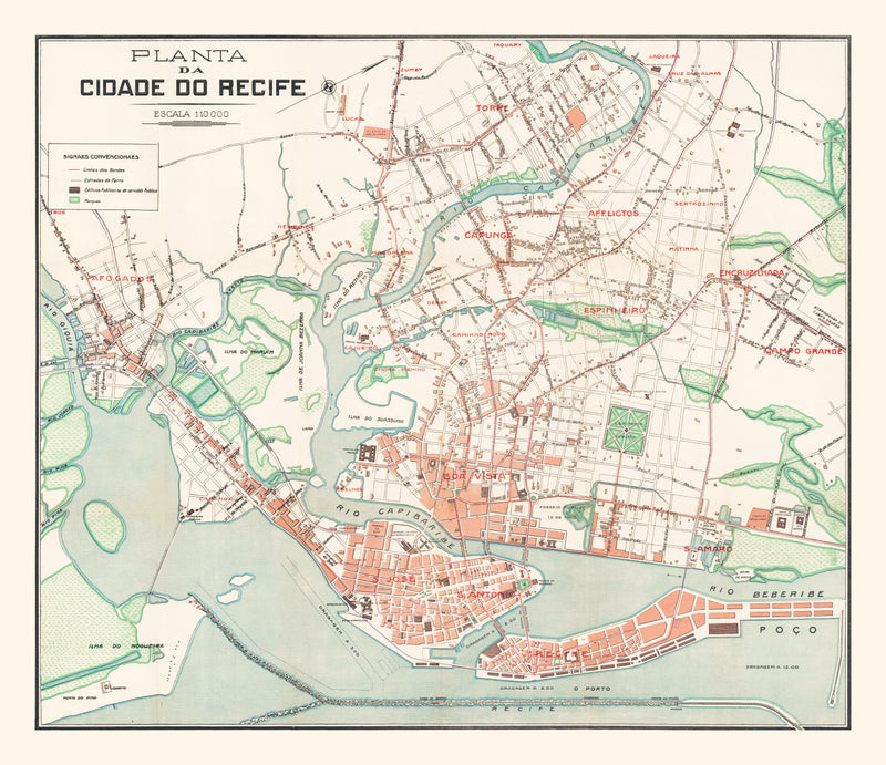Size comparison using Vintage Map of Recife, Brazil 1914