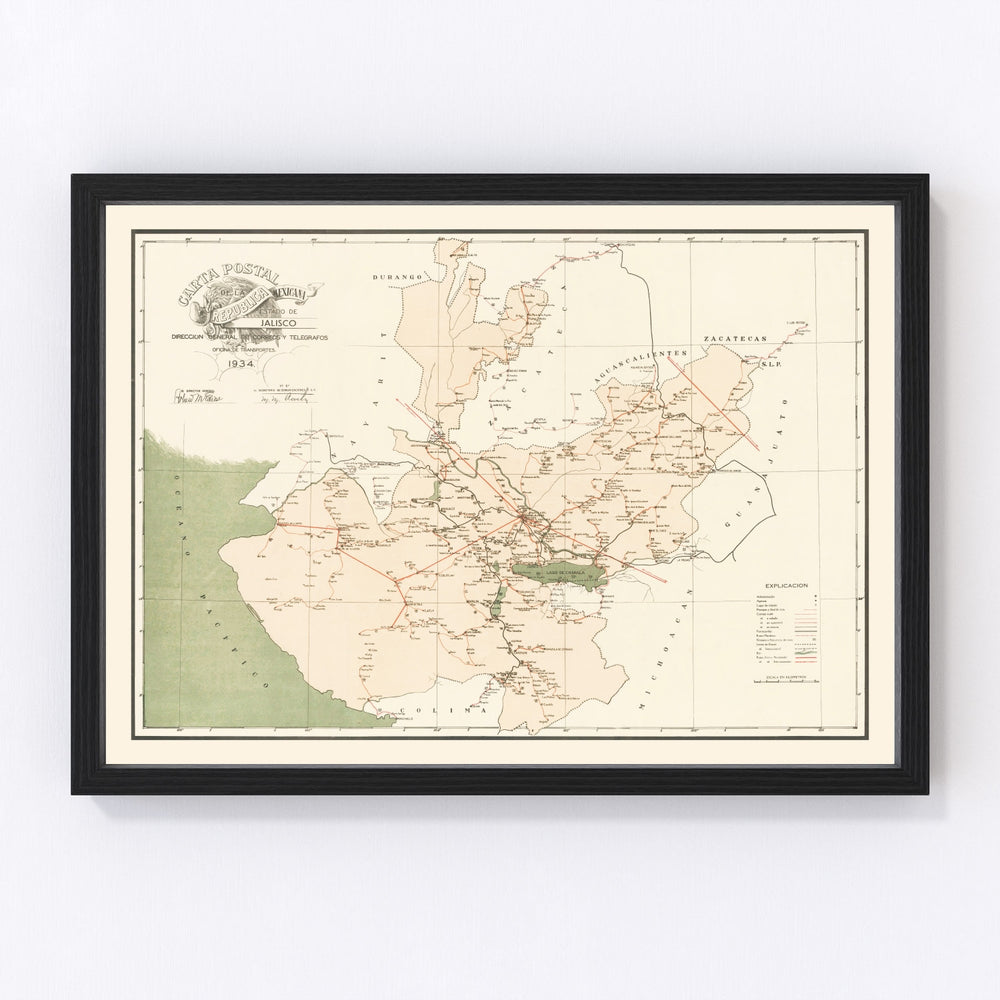 Jalisco Mexico Vintage Map 1934