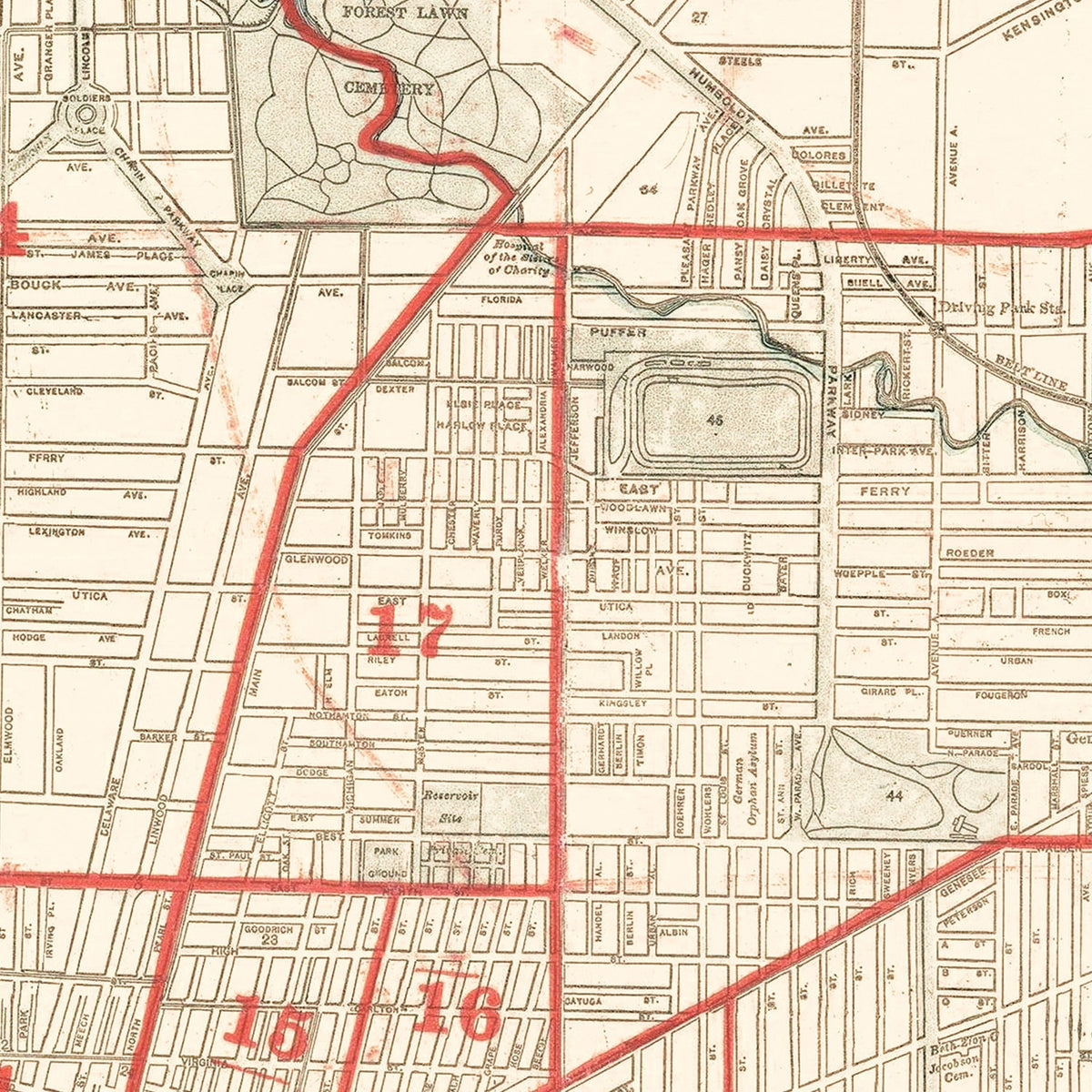 Restored historic details from the 1891 city map of Buffalo, New York